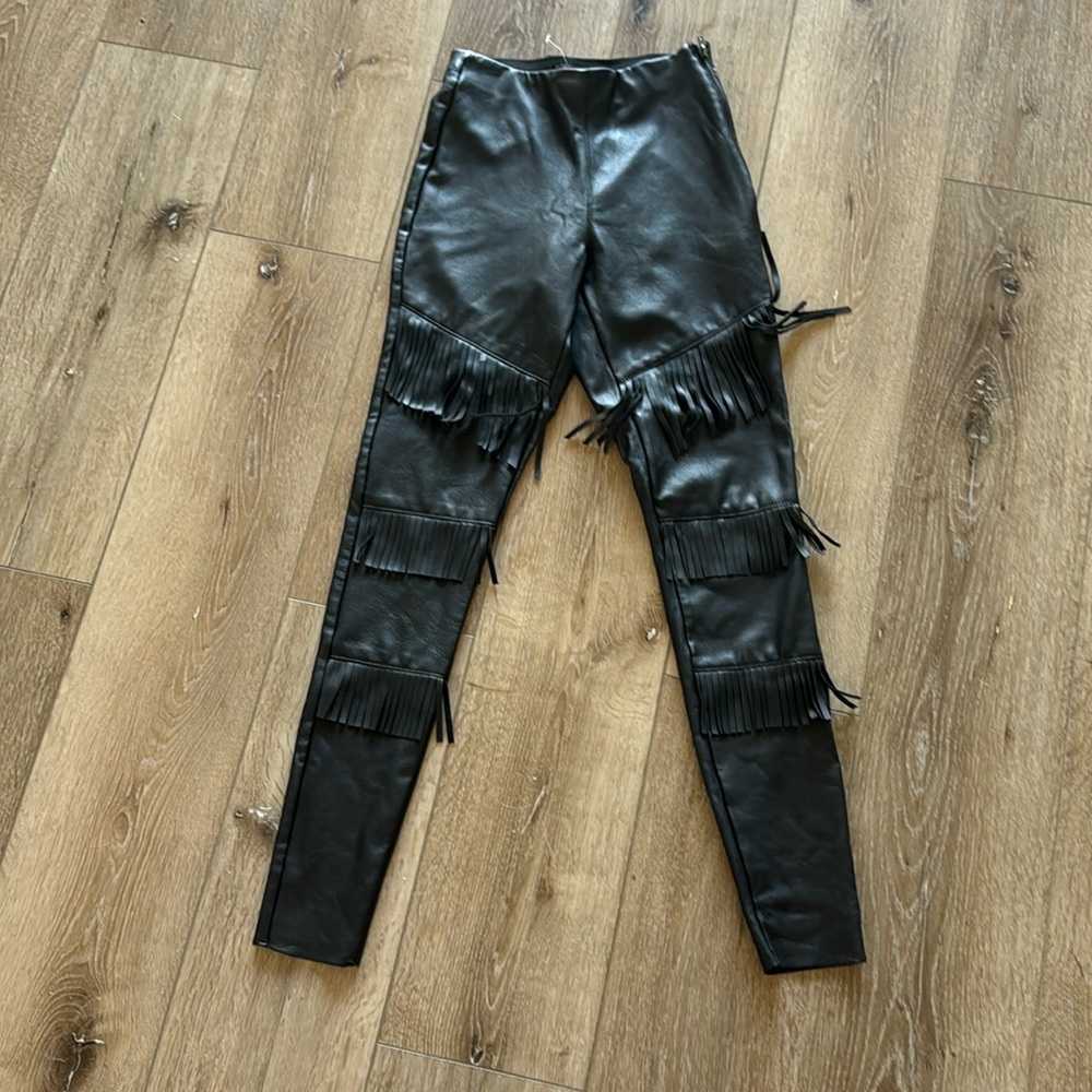 Top Shop Black Western Faux Leather Fringe Pants